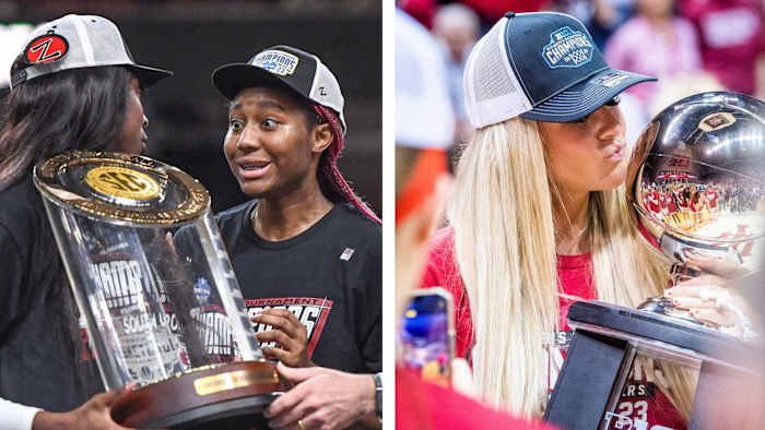 Laeticia Amihere and forward Aliyah Boston, Sydney Parrish